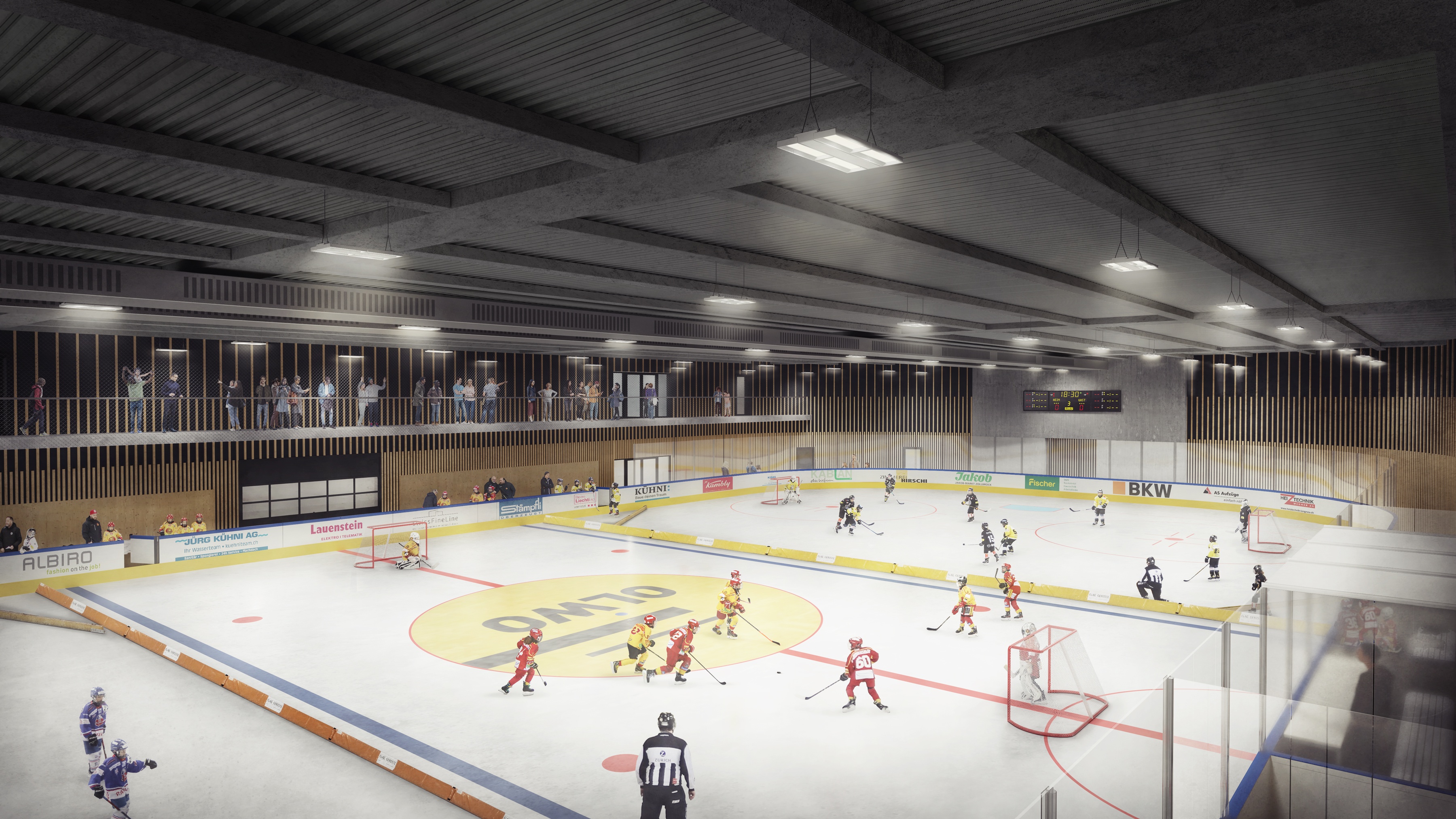 rollimarchini AG, Architekten Bern, Architektur, Zweite Eishalle, Langnau, Emmental, Neubau, SCL Tigers, Eishockey, Sporthalle, Trainingshalle,Sport Restaurant